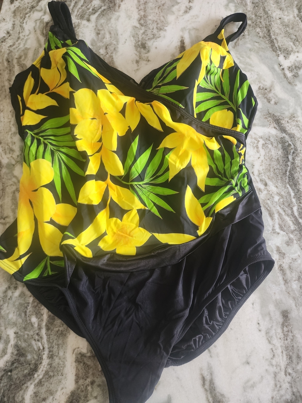 Yellow Floral One-Piece Swimsuit with Black Base